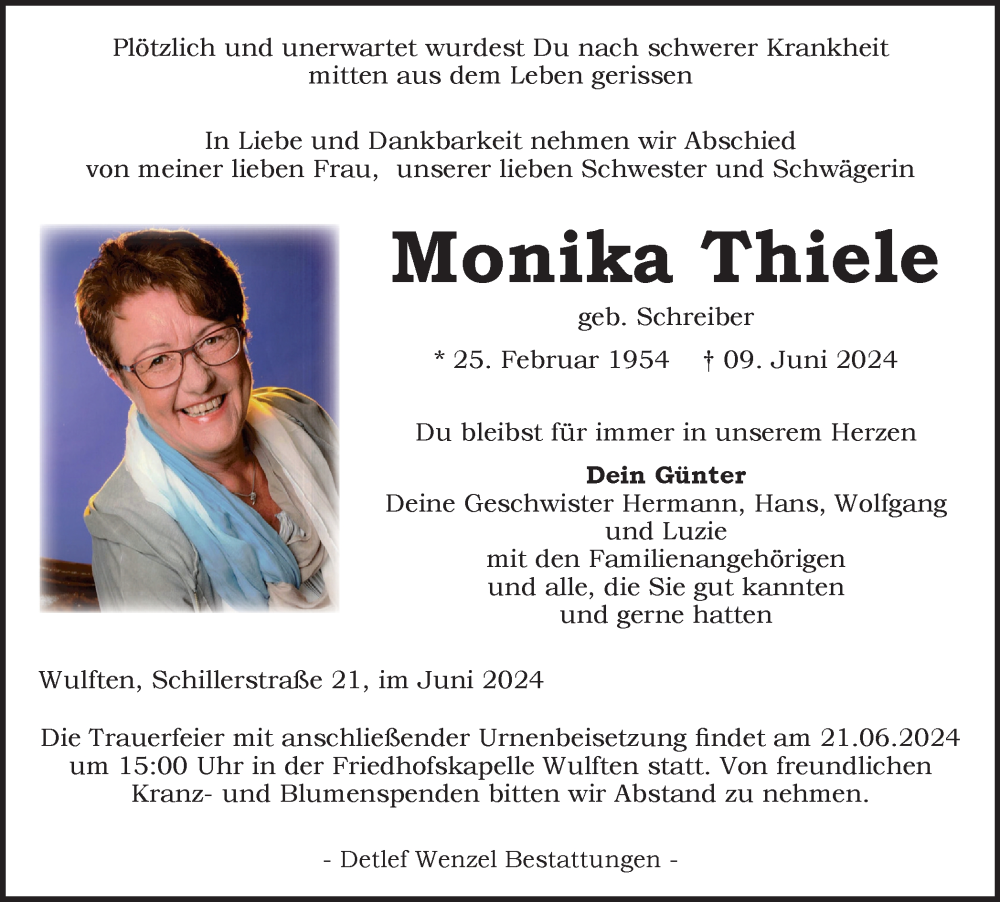  Traueranzeige für Monika Thiele vom 15.06.2024 aus 