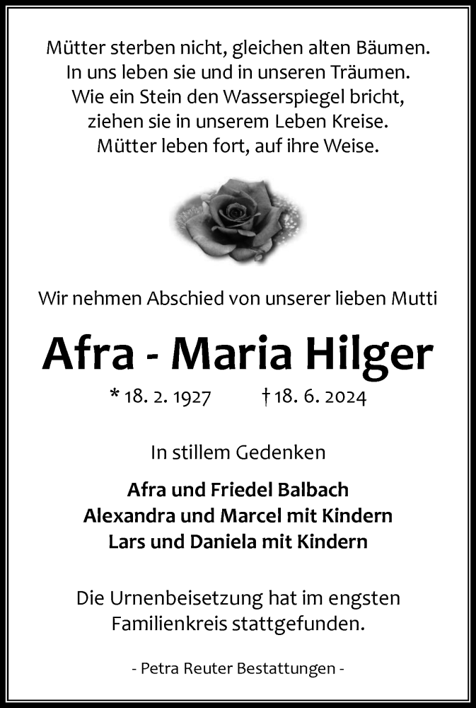  Traueranzeige für Afra-Maria Hilger vom 06.07.2024 aus Harz Kurier