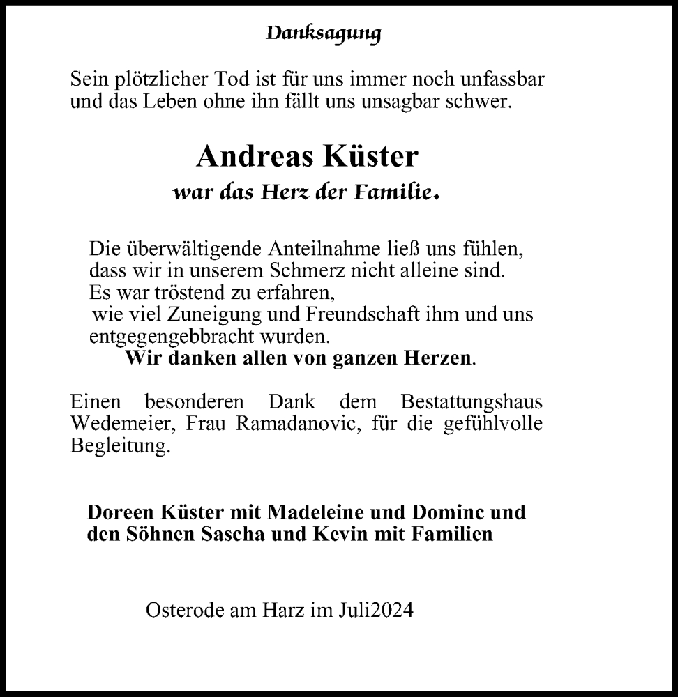  Traueranzeige für Andreas Küster vom 06.07.2024 aus Harz Kurier