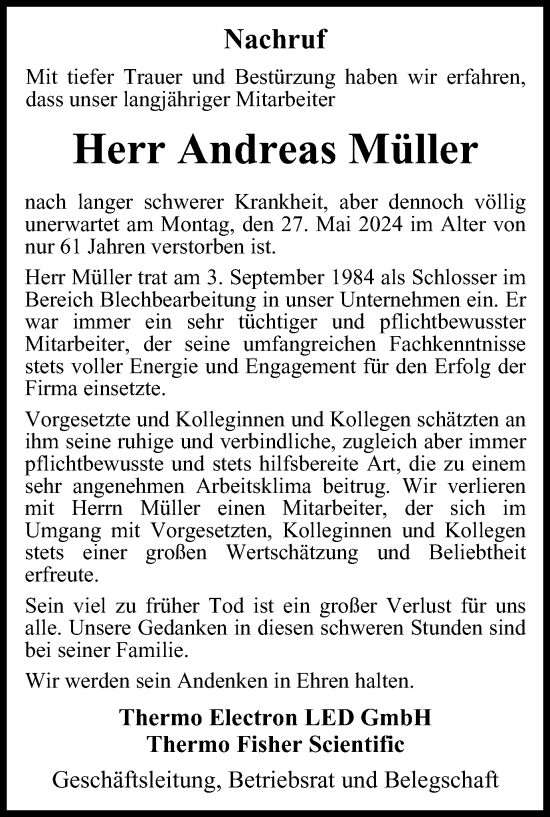 Traueranzeige von Andreas Müller von Harz Kurier