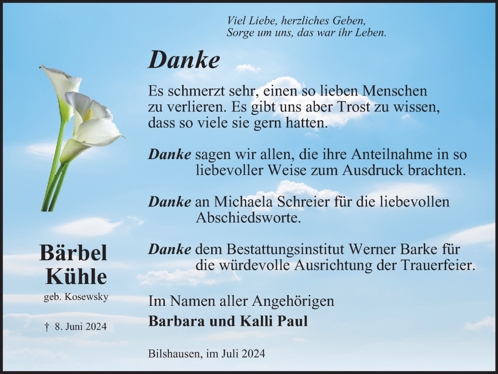  Traueranzeige für Bärbel Kühle vom 13.07.2024 aus Harz Kurier