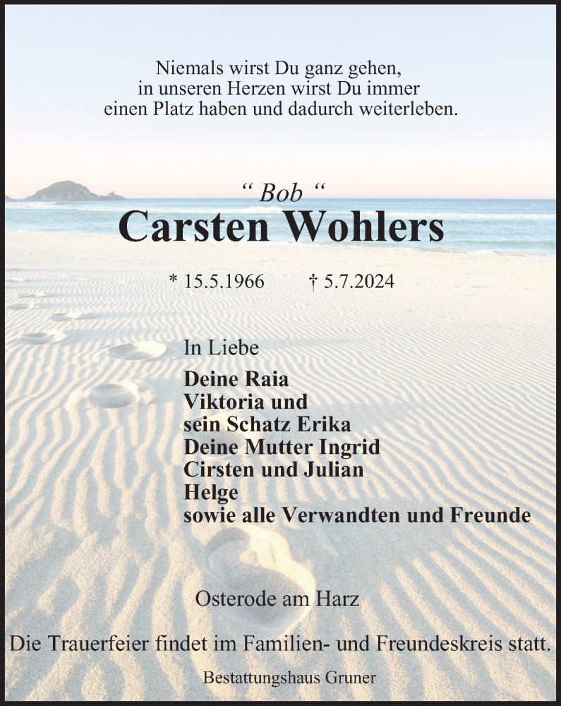  Traueranzeige für Carsten Wohlers vom 13.07.2024 aus Harz Kurier
