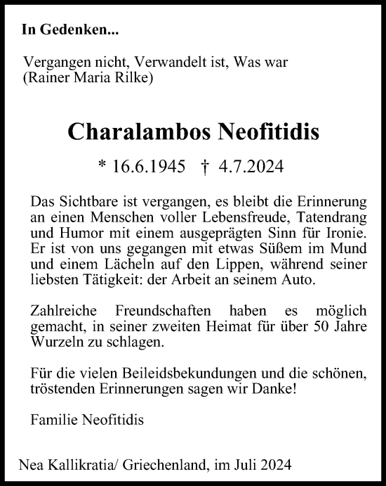 Traueranzeige von Charalambos Neofitidis von Harz Kurier