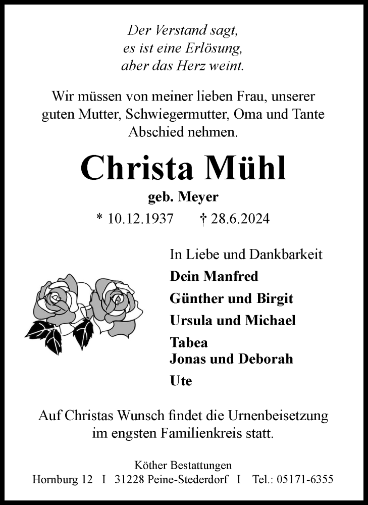  Traueranzeige für Christa Mühl vom 27.07.2024 aus Harz Kurier