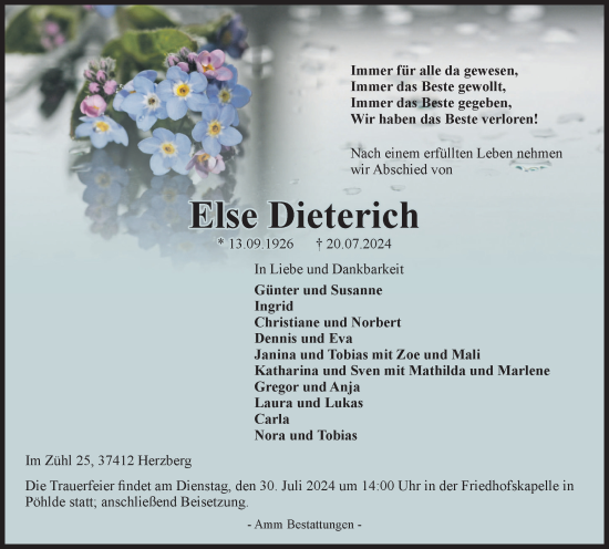 Traueranzeige von Else Dieterich von Harz Kurier