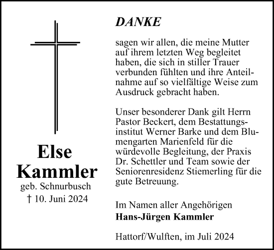 Traueranzeige von Else Kammler von Harz Kurier