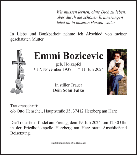 Traueranzeige von Emmi Bozicevic von Harz Kurier