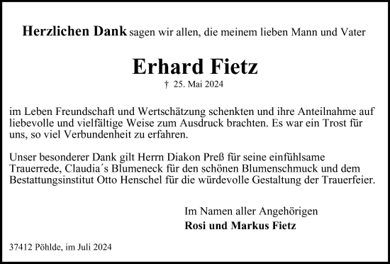 Traueranzeige von Erhard Fietz von Harz Kurier