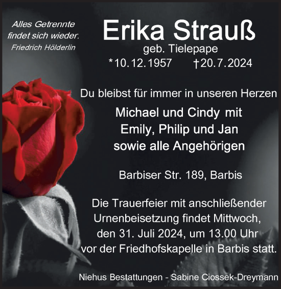 Traueranzeige von Erika Strauß von Harz Kurier