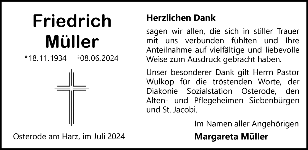  Traueranzeige für Friedrich Müller vom 06.07.2024 aus Harz Kurier