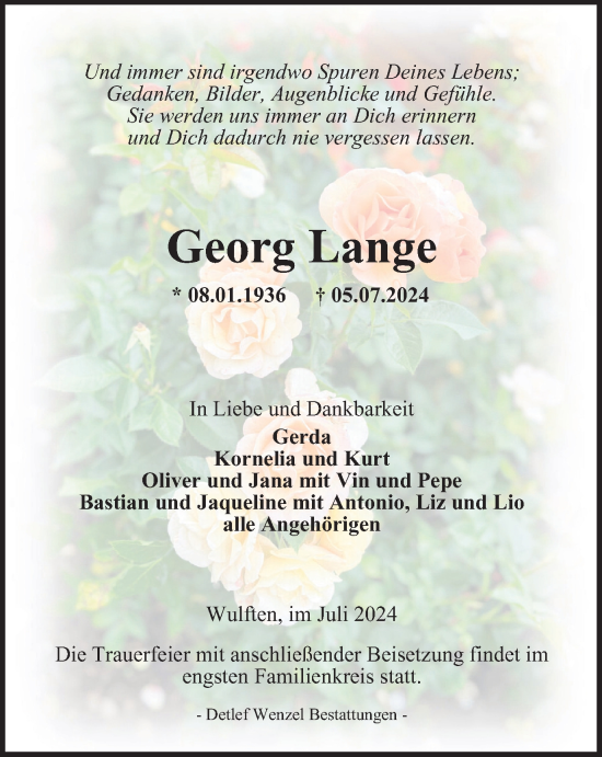 Traueranzeige von Georg Lange von Harz Kurier
