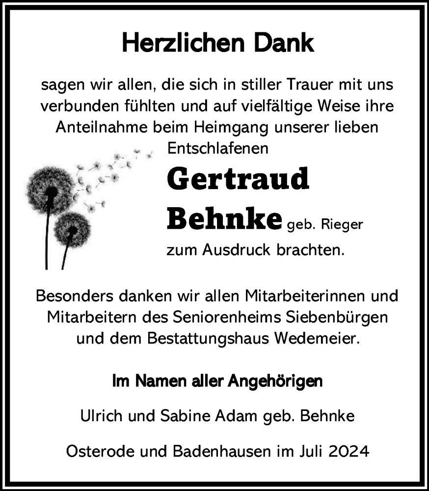  Traueranzeige für Gertraud Behnke vom 13.07.2024 aus Harz Kurier