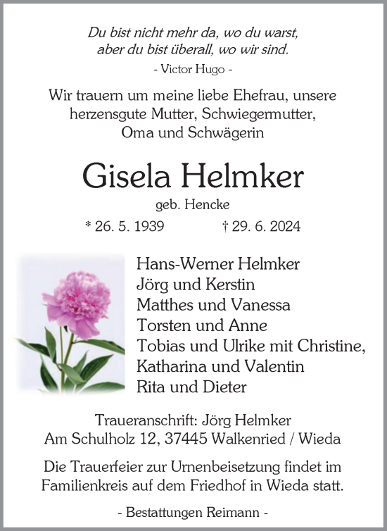 Traueranzeige von Gisela Helmker von Harz Kurier