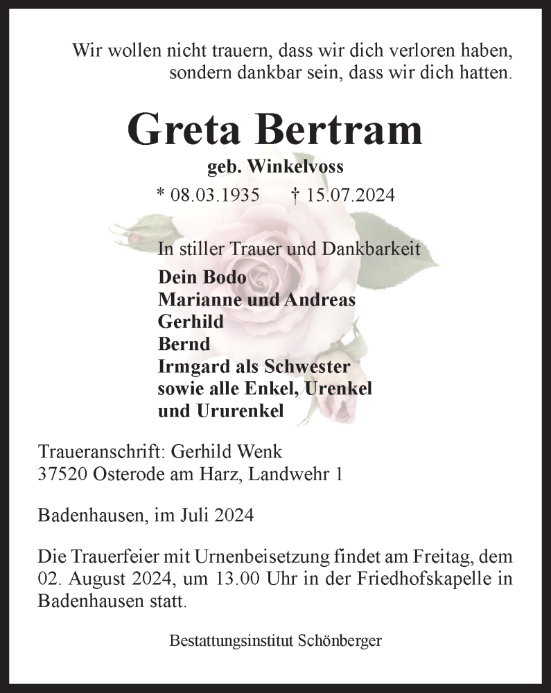  Traueranzeige für Greta Bertram vom 27.07.2024 aus Harz Kurier