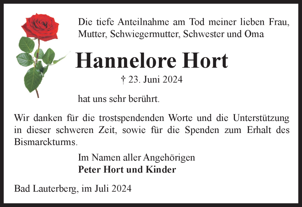  Traueranzeige für Hannelore Hort vom 20.07.2024 aus Harz Kurier
