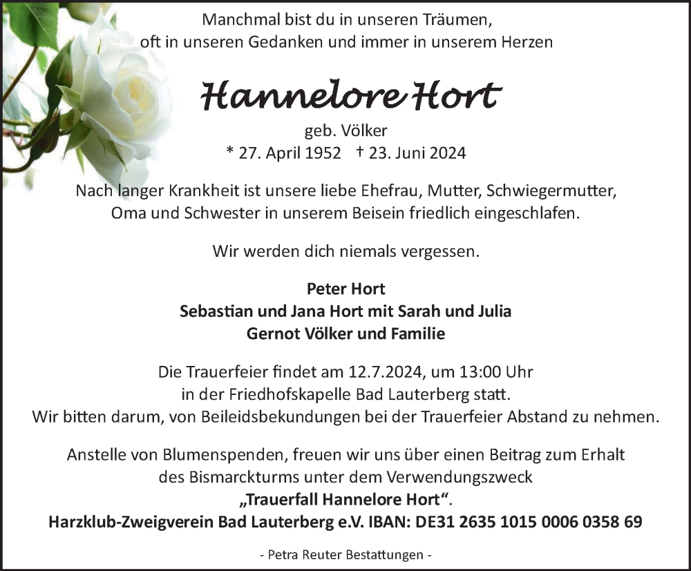 Traueranzeige für Hannelore Hort vom 06.07.2024 aus Harz Kurier