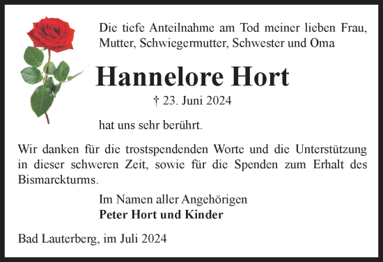 Traueranzeige von Hannelore Hort von Harz Kurier