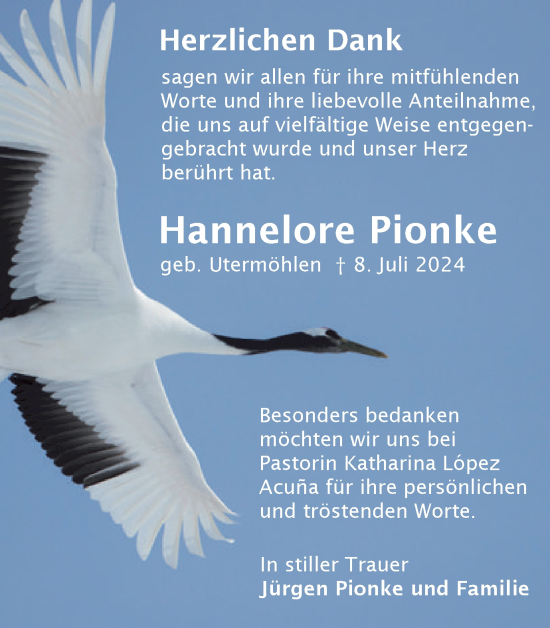 Traueranzeige von Hannelore Pionke von Harz Kurier