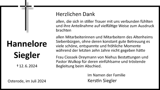 Traueranzeige von Hannelore Siegler von Harz Kurier