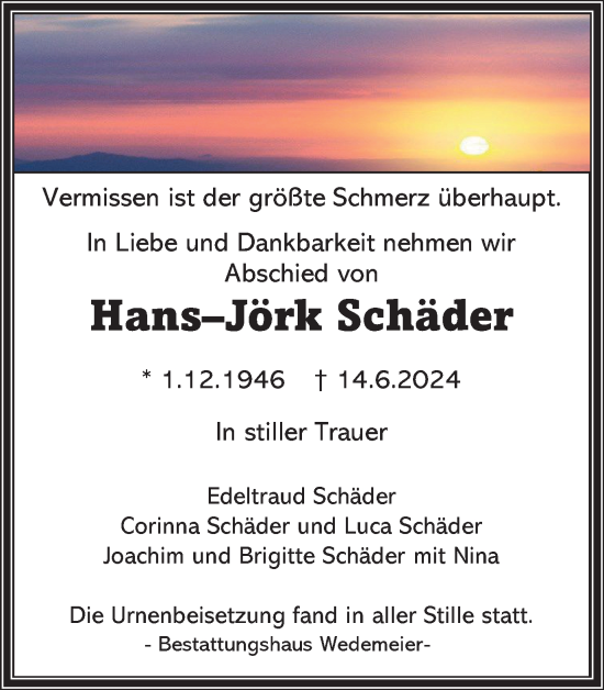 Traueranzeige von Hans-Jörk Schäder von Harz Kurier