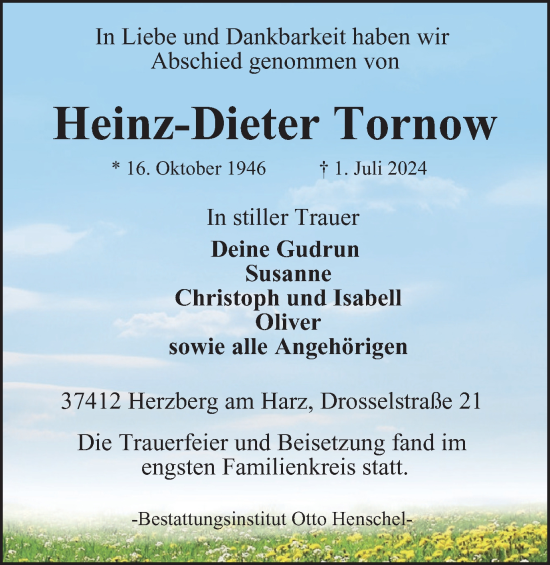 Traueranzeige von Heinz-Dieter Tornow von Harz Kurier