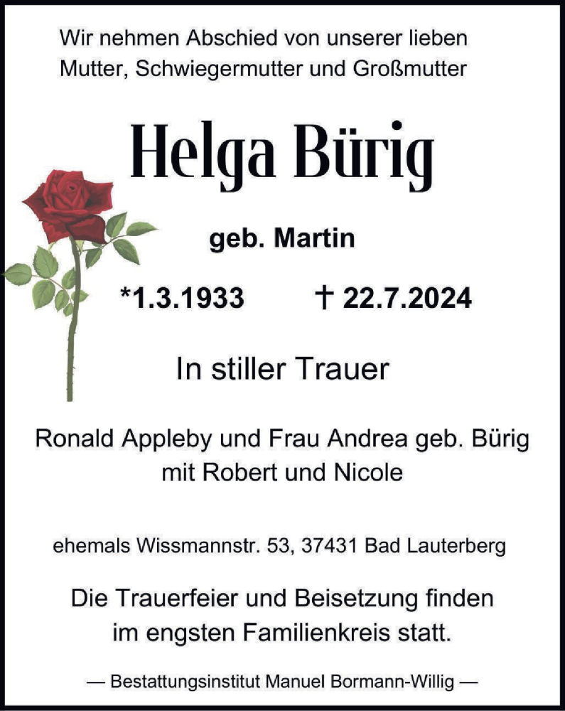  Traueranzeige für Helga Bürig vom 27.07.2024 aus Harz Kurier