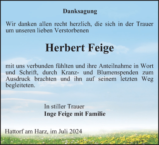 Traueranzeige von Herbert Feige von Harz Kurier