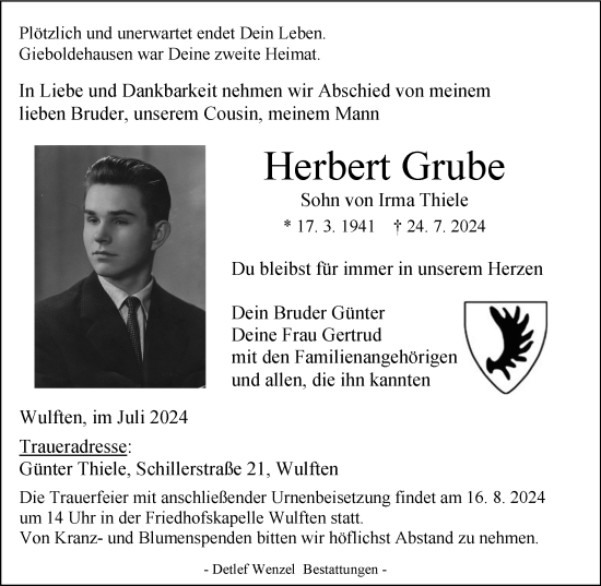 Traueranzeige von Herbert Grube von Harz Kurier