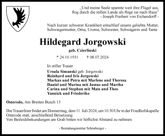 Traueranzeige von Hildegard Jorgowski von Harz Kurier