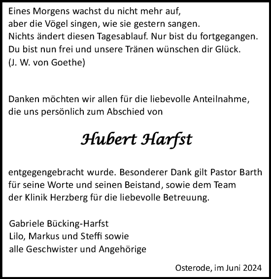 Traueranzeige von Hubert Harfst von Harz Kurier