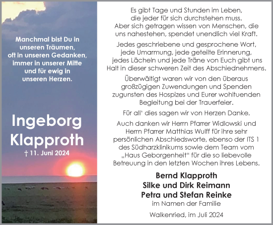 Traueranzeige von Ingeborg Klapproth von Harz Kurier