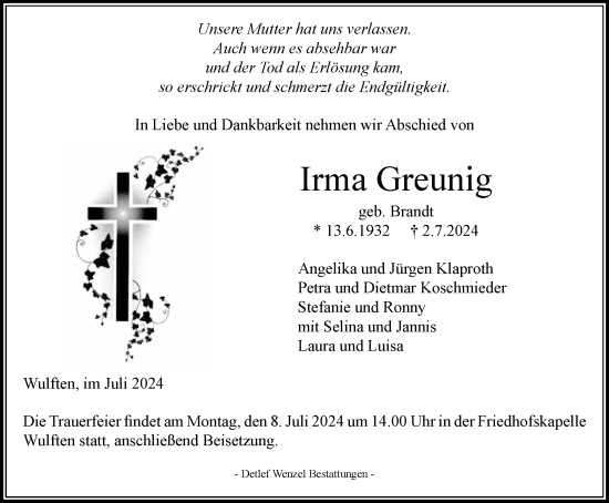 Traueranzeige von Irma Greunig von Harz Kurier