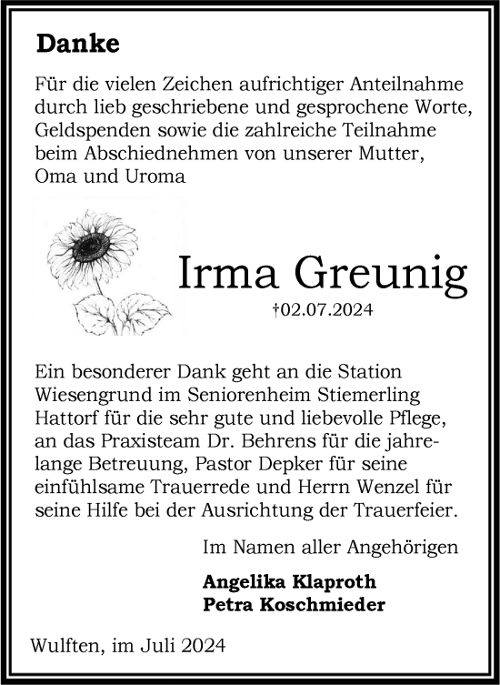 Traueranzeige von Irma Greunig von Harz Kurier