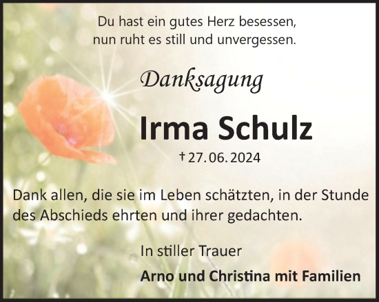 Traueranzeige von Irma Schulz von Harz Kurier