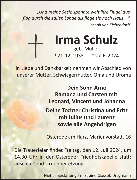 Traueranzeige von Irma Schulz von Harz Kurier