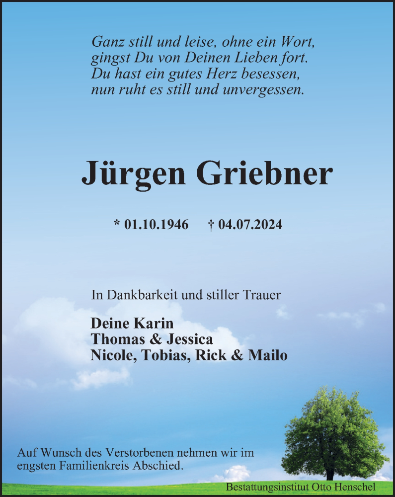  Traueranzeige für Jürgen Griebner vom 13.07.2024 aus Harz Kurier