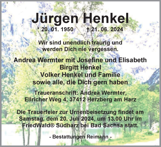 Traueranzeige von Jürgen Henkel von Harz Kurier
