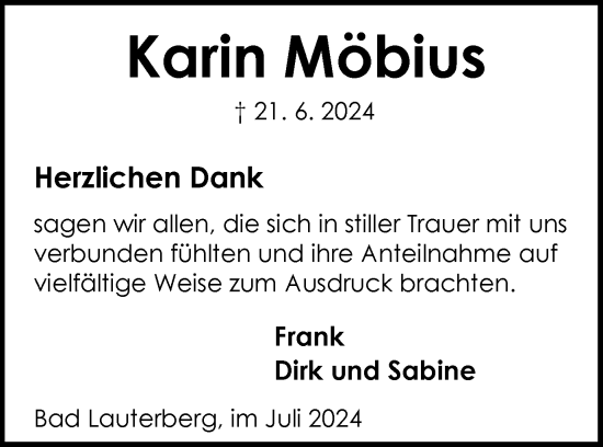 Traueranzeige von Karin Möbius von Harz Kurier