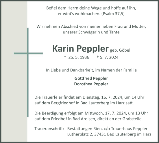 Traueranzeige von Karin Peppler von Harz Kurier