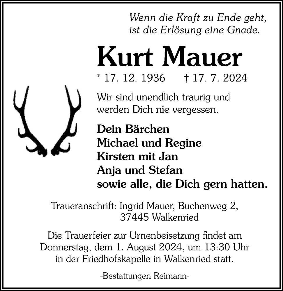  Traueranzeige für Kurt Mauer vom 27.07.2024 aus Harz Kurier