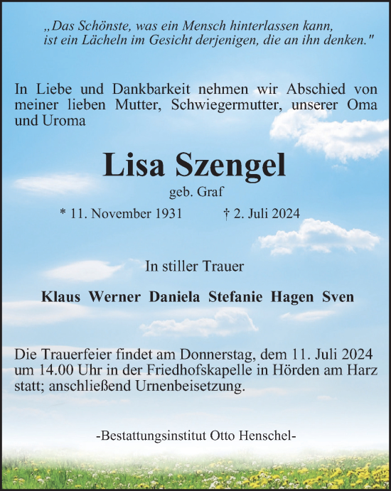 Traueranzeige von Lisa Szengel von Harz Kurier
