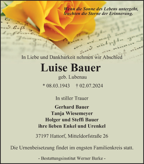 Traueranzeige von Luise Bauer von Harz Kurier