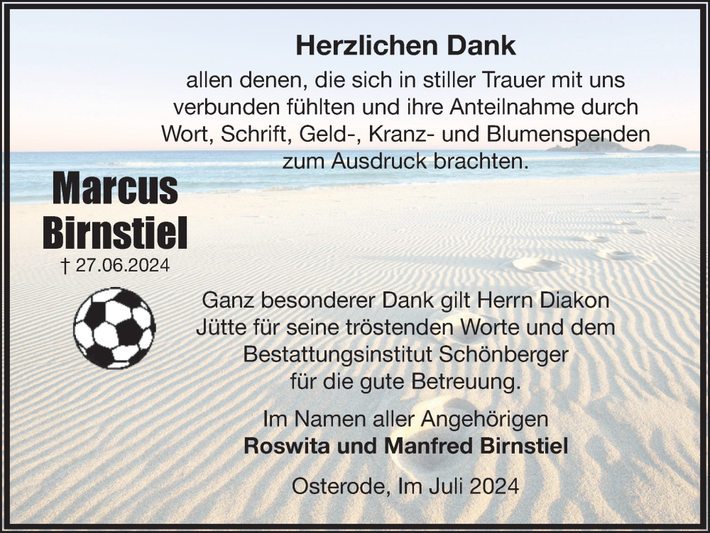  Traueranzeige für Marcus Birnstiel vom 27.07.2024 aus Harz Kurier