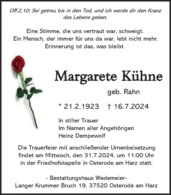 Traueranzeige von Margarete Kühne von Harz Kurier