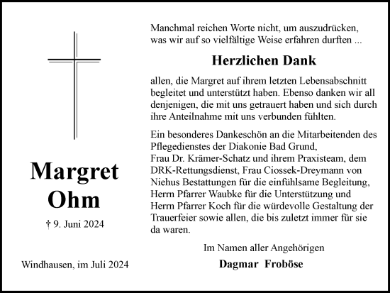 Traueranzeige von Margret Ohm von Harz Kurier