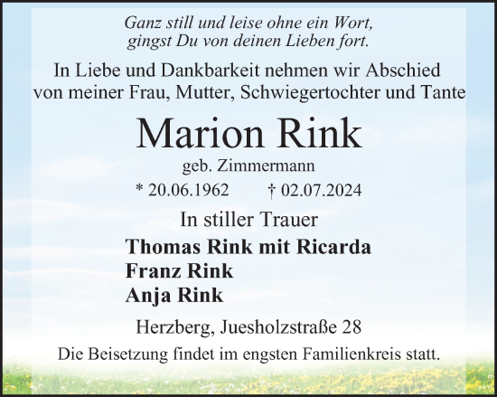 Traueranzeige von Marion Rink von Harz Kurier