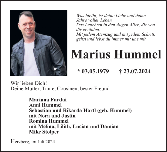 Traueranzeige von Marius Hummel von Harz Kurier