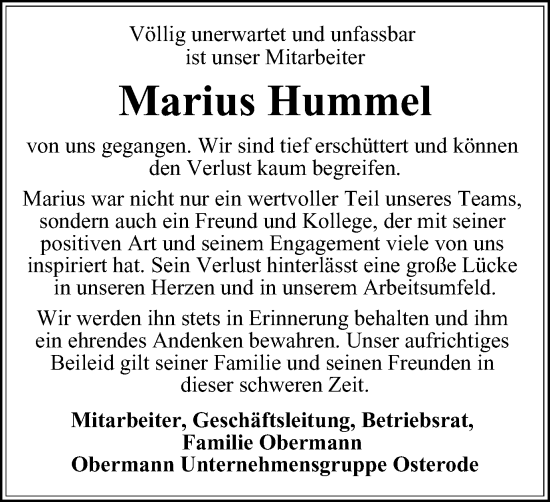 Traueranzeige von Marius Hummel von Harz Kurier