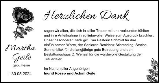 Traueranzeige von Martha Geile von Harz Kurier