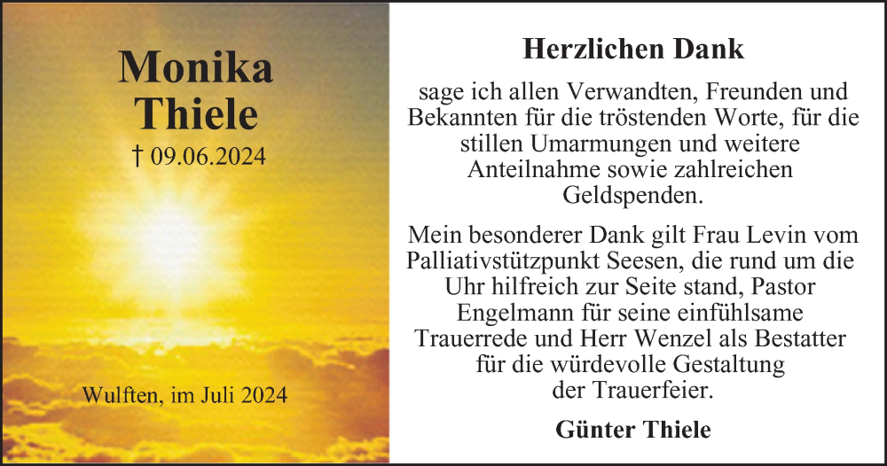 Traueranzeige für Monika Thiele vom 06.07.2024 aus Harz Kurier